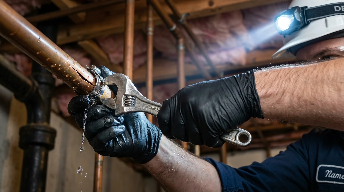 Emergency pipe clamp repair being performed by a Johns Plumbing LLC plumber in Manchester