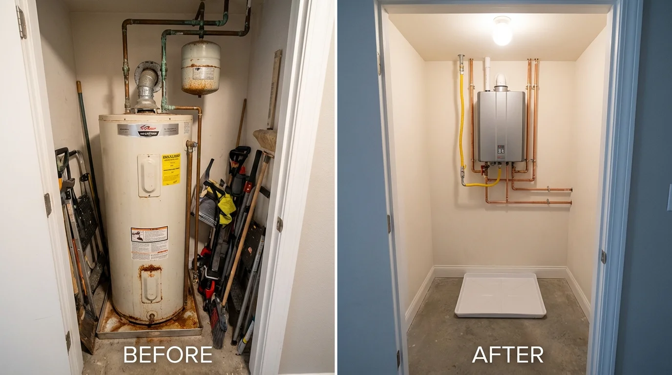 Tank water heater versus wall-mounted tankless unit comparison for Manchester, NY homeowners