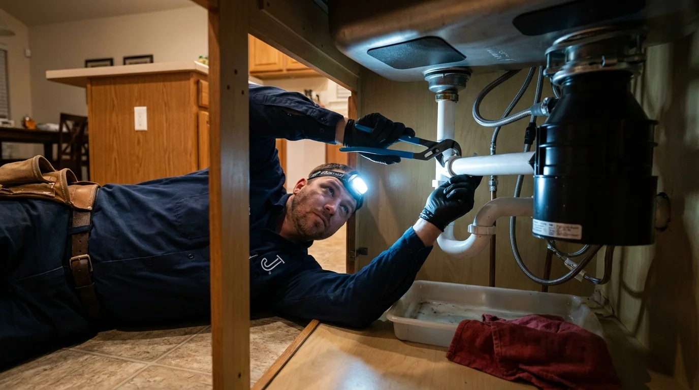 P-trap and supply line connections under a kitchen sink showing a common leak point in Manchester, NY
